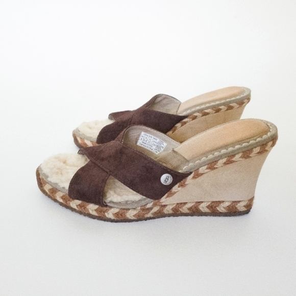 UGG Margot Brown Leather Shearling Wedge Espadrille Slip On Sandals - Picture 5 of 13